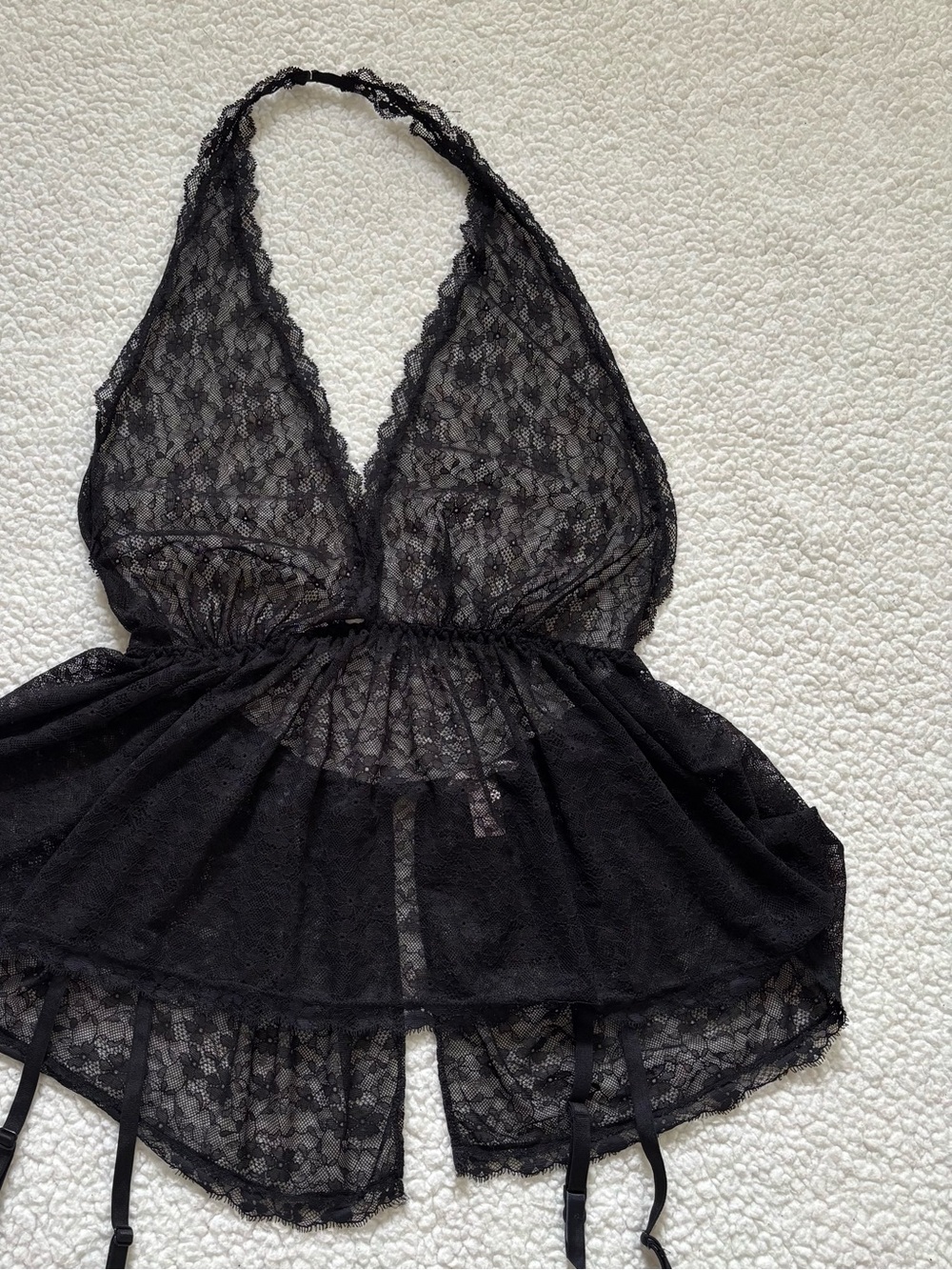 VS Coquette Grunge Sheer Black Lace Halter Babydoll Top XL with Garter Straps